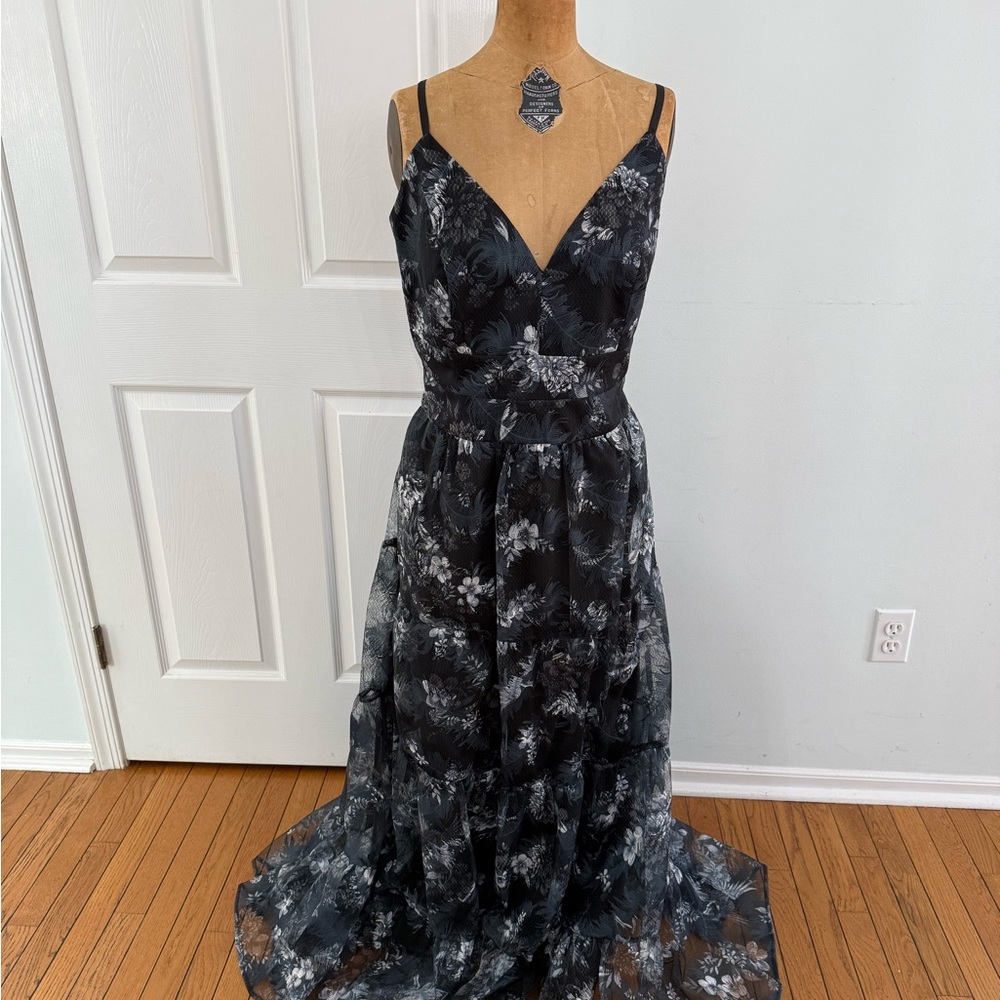 Johnny Was Black and Gray Floral Evening Maxi Dress